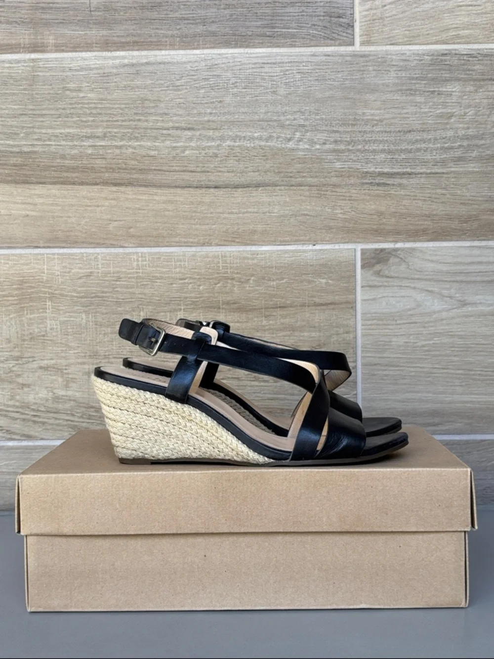 Cole Haan Black Leather Espadrille Taylor Wedge Sandal 7B